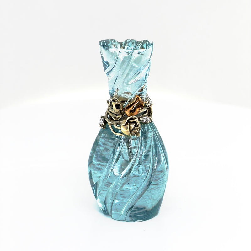 Aquamarine Perfume Bottle with 18k Yellow Gold Flowers around Top